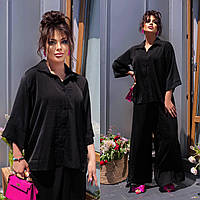 Женский летний шёлковый костюм рубашка и широкие брюки больших размерах черный, 58-60