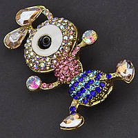 Брошка металева на золотистій основі зайчик із різнобарвними інкрустованими стразами розмір 50х35 мм