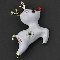 Брошка металева на золотистій основі олень із сніжинкою й чорними стразами покрита емаллю розмір 40х40 мм