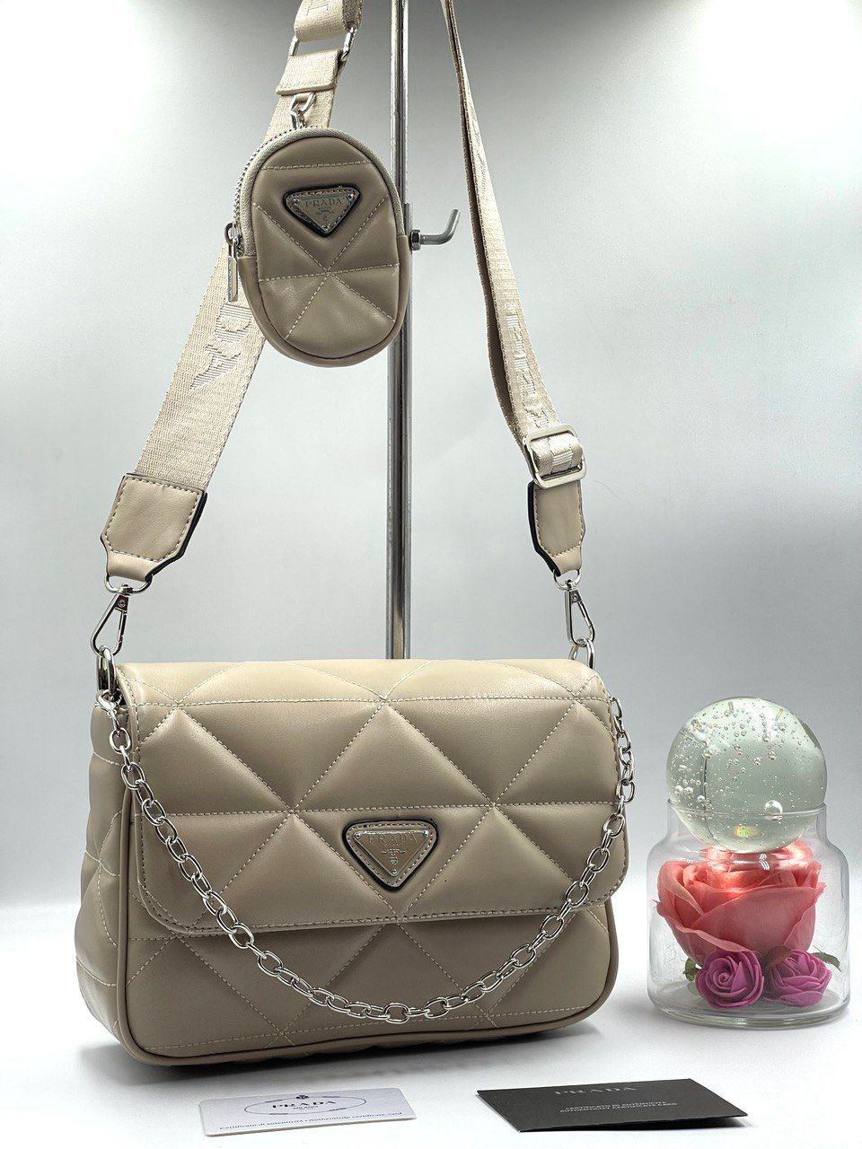 Жіноча сумка Prada, 2в 1, тканинної ремінь, гаманець, бежева, 24*19 см, 931093, фото 1