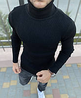 Стильный демисезонный черный мужской свитер с отворотом, молодежный мужской гольф черный стойка