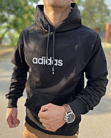 Стильное черное худи унисекс с капюшоном теплое Adidas, молодежное худи модное с карманами на флисе Адидас