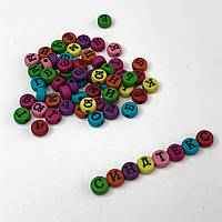 (20 г) Бусины плоские пластиковые, буквы Алфавит 6 мм (прим. 150 шт) - Цветной микс