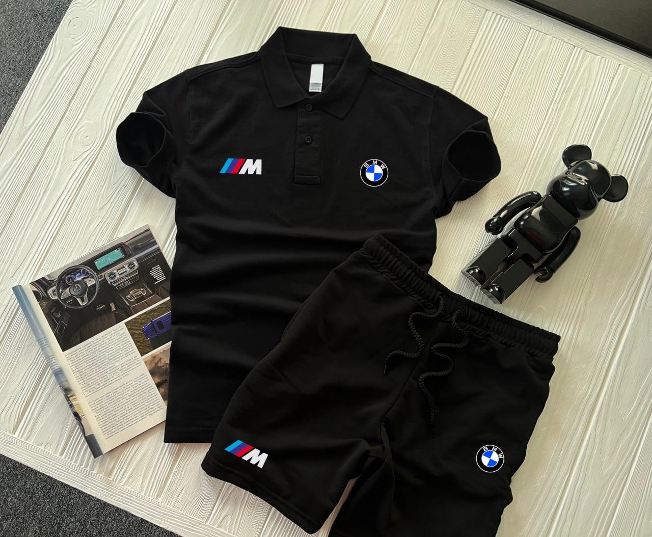 Чоловічий костюм літній Футболка Поло + Шорти BMW Motorsport чорний Спортивний костюм БМВ на літо