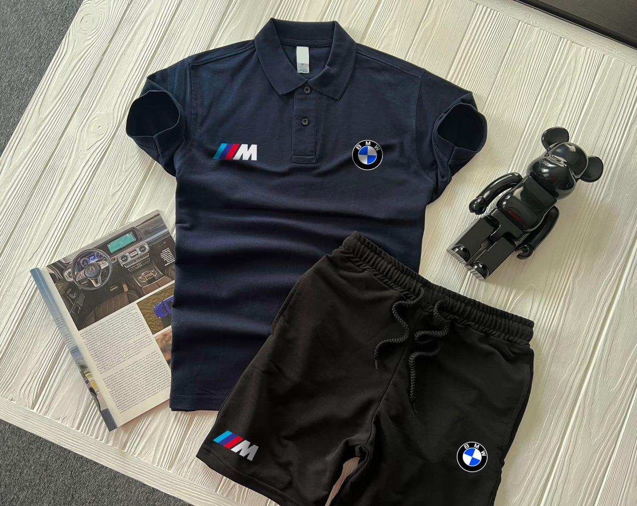 Чоловічий костюм літній Футболка Поло + Шорти BMW Motorsport синій із чорним БМВ на літо