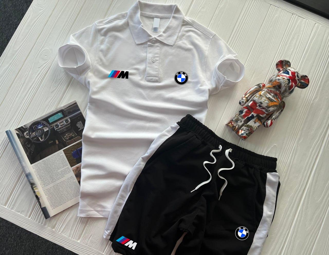 Чоловічий костюм літній Футболка Поло + Шорти BMW Motorsport білий з чорним БМВ на літо