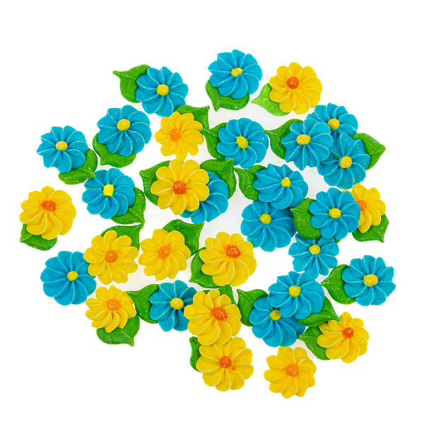 Купити Цукрова прикраса "Квіточка-зірочка з листочком" жовто-блакитна, (30  шт) | VINKRAFT