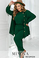 Стильный зеленый женский костюм-тройка жатка зеленого цвета больших размеров от 46 до 68