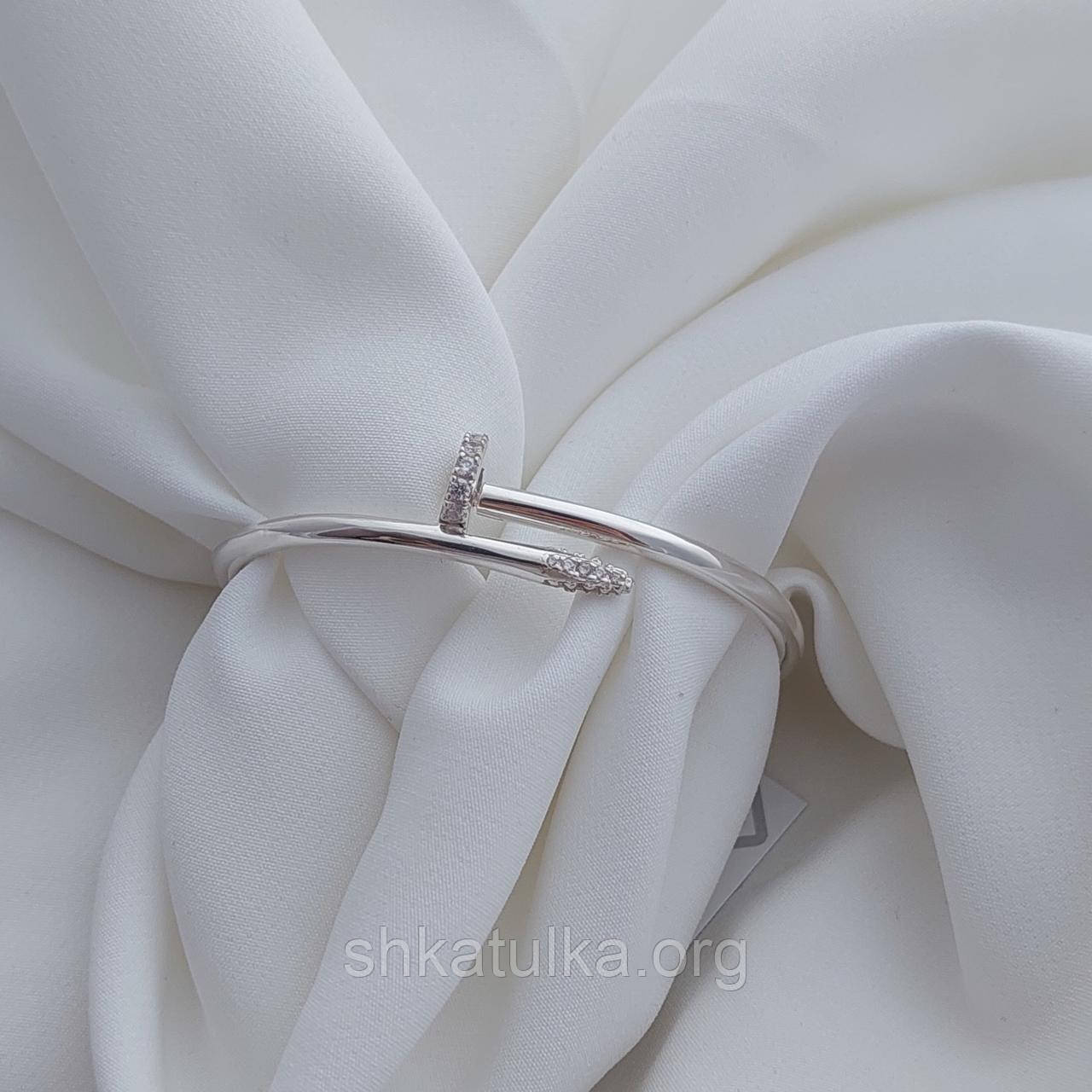 Срібний браслет незамкнений Гвоздь з маленькими білими фіанітами, фото 1