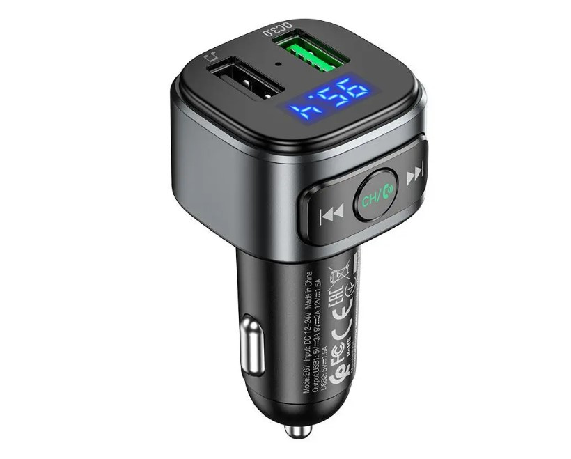 Автомобільний FM модулятор трансмітер Hoco E67 BT5.0/2USB/3A/QC зі швидкою зарядкою, фото 1