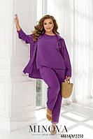 Шикарный брючный костюм-тройка фиолетового цвета из легкой жатки, большие размеры от 46 до 68