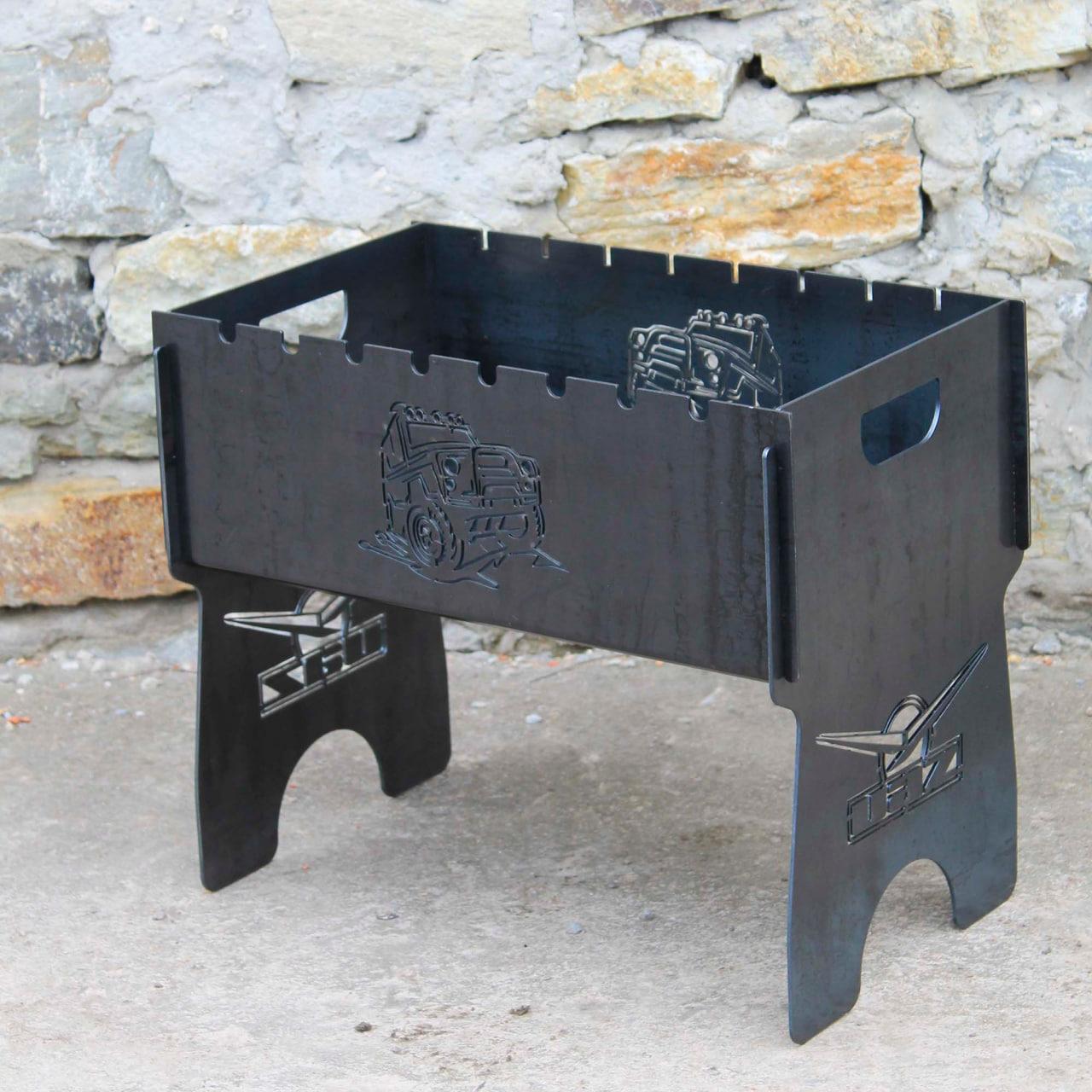 Мангал на 8 шт SHOP-PAN розбірний з індивідуальним гравіюванням - Позашляховик. Подарунковий мангал, фото 1