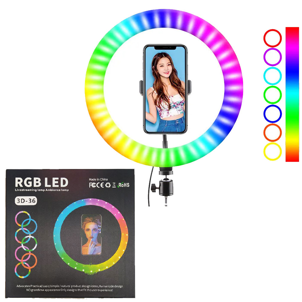 Світлодіодна лампа кільцева 3D RGB 36 см кольорова двостороння LED Селфі кільце для фото блогерів від usb, фото 1