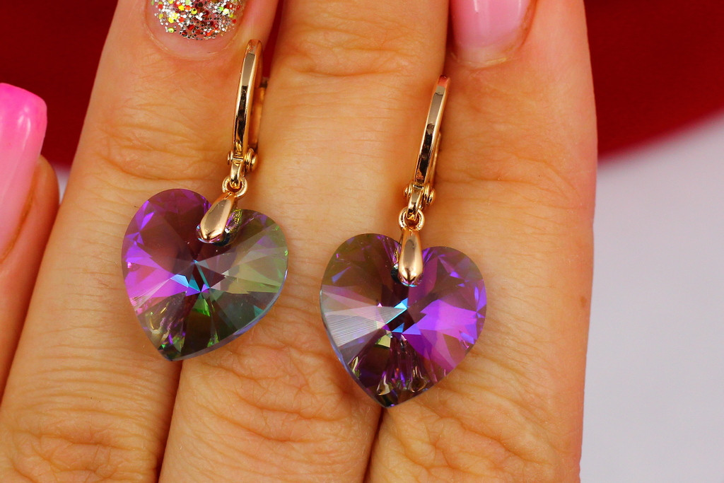 Сережки підвіски Xuping Jewelry Сваровські фіолетові хамелеони 3 см золотисті