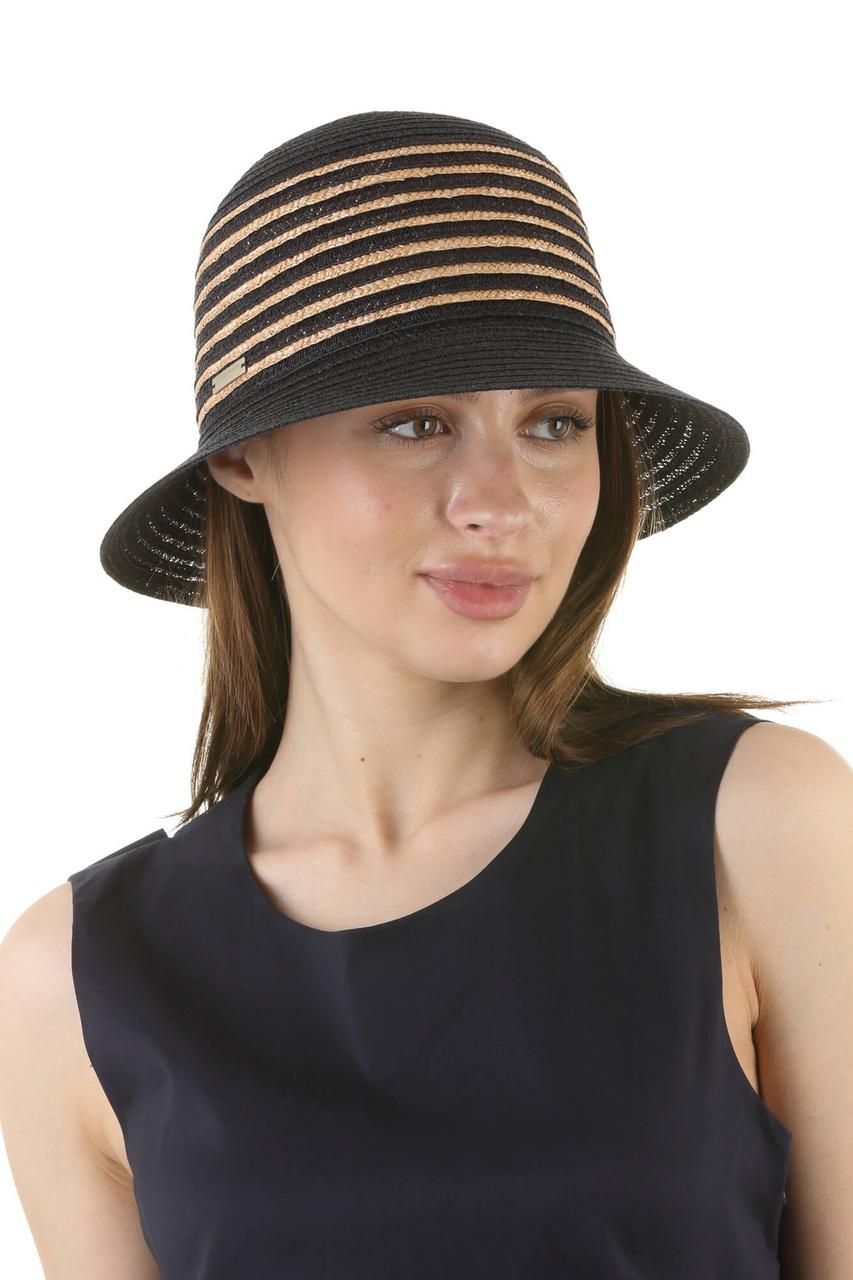 Капелюшок з маленькими полями із соломи чорний з бежевими смужками, фото 1
