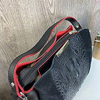 Женская замшевая сумочка на плечо под рептилию с красными вставками, сумка замша Отличное качество