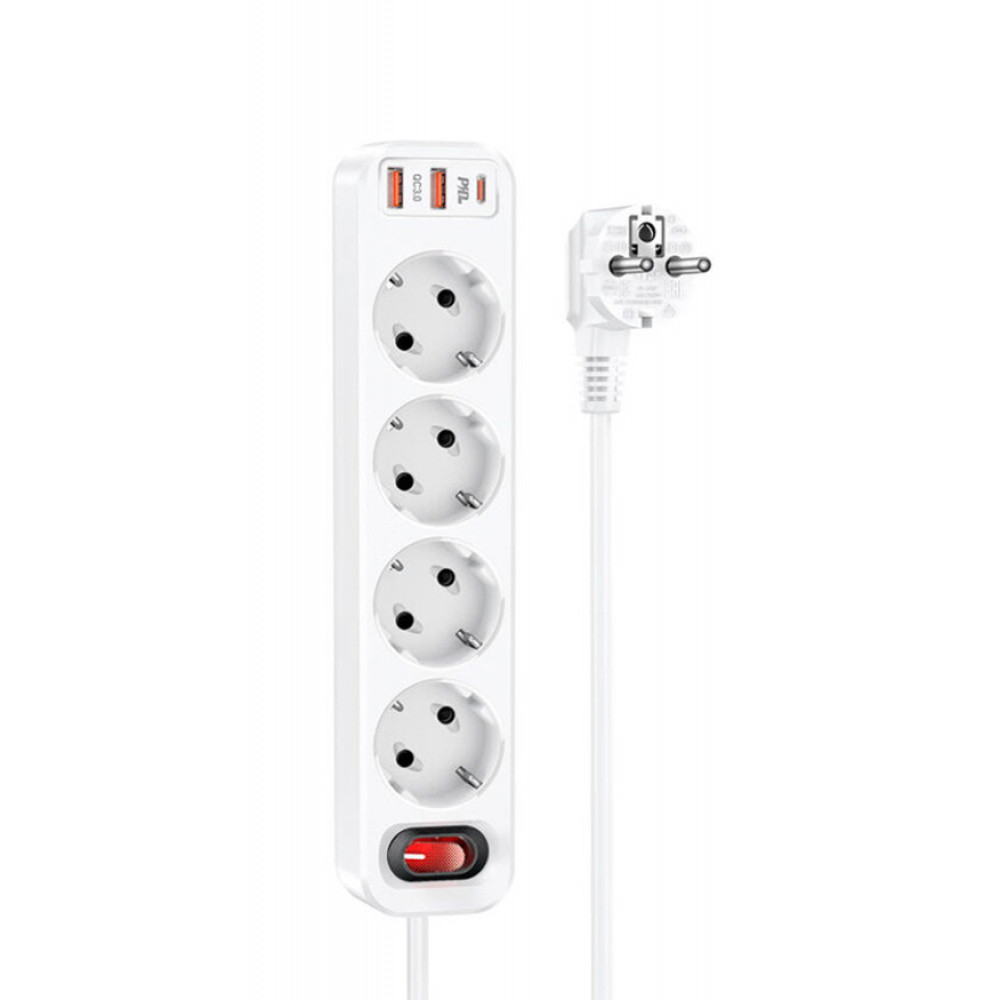 Мережевий Фільтр Hoco NS1 Aura 4-bit PD 20W 2xUSB+Type-C white