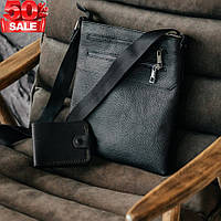 Удобная кожаная мужская сумка Чикаго через плечо черного цвета с регулируемым плечевым ремнем высокое качество