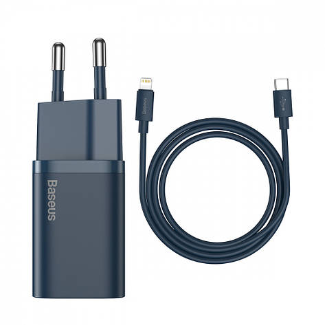 МЗП Baseus Super Silicone PD Charger 20W (1Type-C) + With Cable Type-C to Lightning blue, фото 1