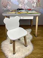 Столик детский прямоугольный с ящичком бело-серый и стульчик белый Медвежонок (Украинский Производитель)