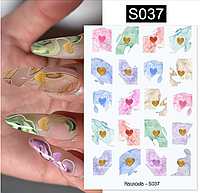 Слайдер для маникюра, наклейка на липкой основе для дизайна ногтей Harunouta-S037 серца, акварель