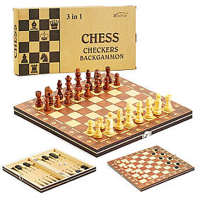 Набір 3в1 Шахи, шашки, нарди, магнітні, дерев'яна дошка, дерев'яні фігури, в кор., розмір поля 34*34*2см. (С45205)