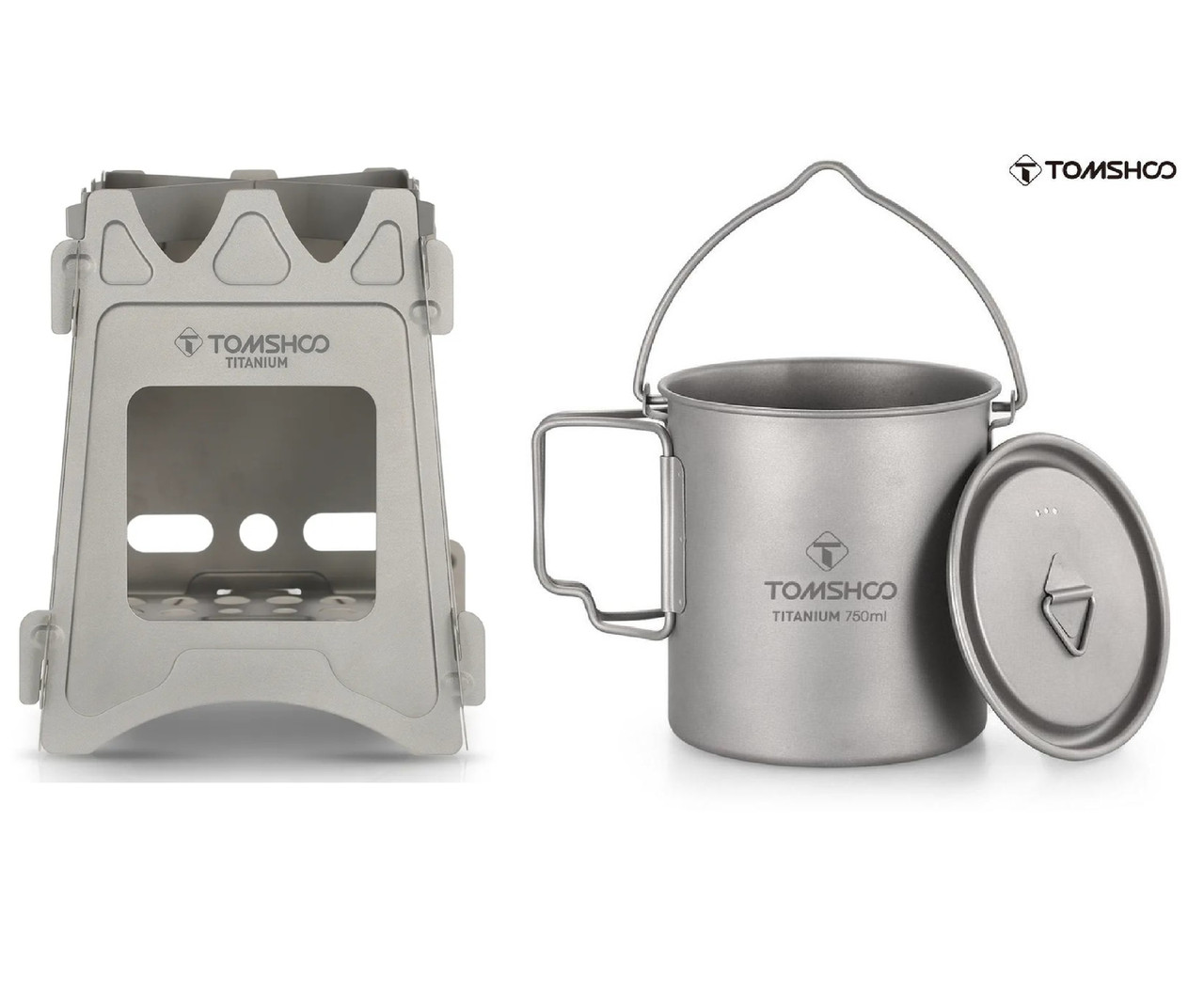Титанова піч щепочниця туристична та титановий казанок Tomshoo titanium 750 мл зі складними ручками для походу туризму, фото 1