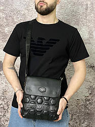 Комплект Emporio Armani футболка чорна + месенджер чорний з шестикутниками