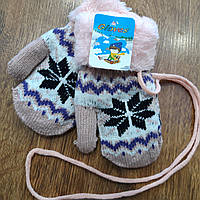 Теплые детские вязаные махровые перчатки с веревкой и отворотом 3-5 лет "GLOVES"