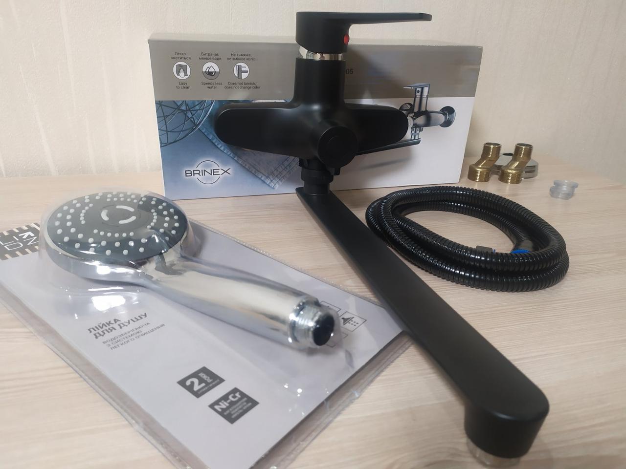 Змішувач для ванни та душу з термопластику чорний матовий з довгим виливом (гусаком) Brinex 35В005-001 набір, фото 1