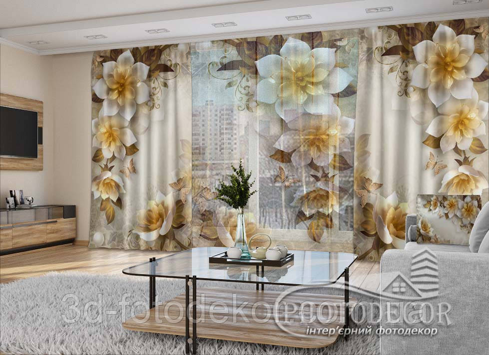 3D - Фото Штори і тюль "3D Квіти та метелики 1" - будь-який розмір. Читаемо опис!