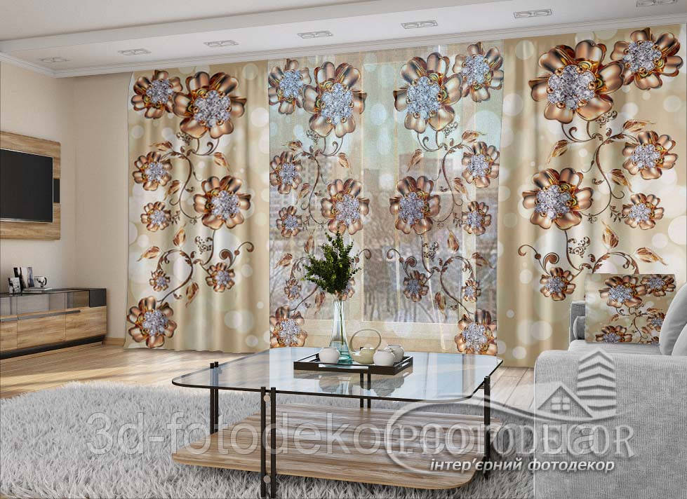 3D - Фото Штори і тюль "3D Квіти з діамантами" - будь-який розмір. Читаемо опис!