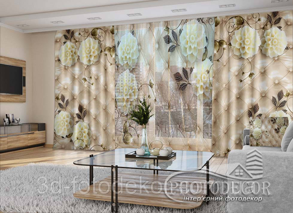 3D - Фото Штори і тюль "3D Квіти з листочками" - будь-який розмір. Читаемо опис!