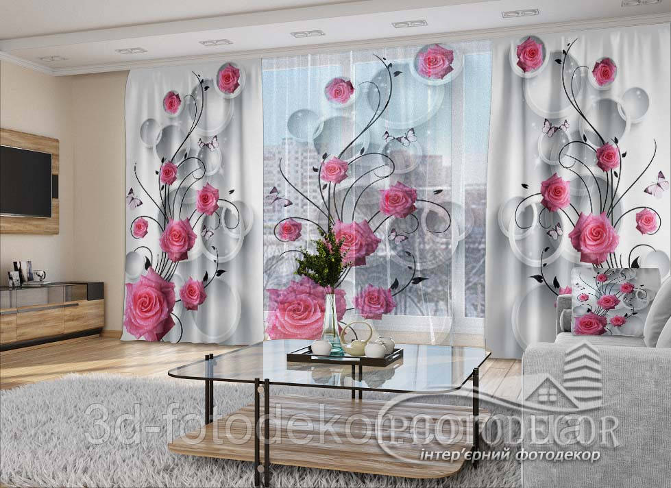 3D - Фото Штори і тюль "Троянди з метеликами" - будь-який розмір. Читаемо опис!