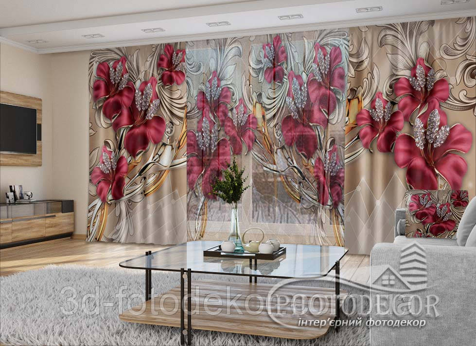 3D - Фото Штори і тюль "Червоні квіти та стрази" - будь-який розмір. Читаемо опис!