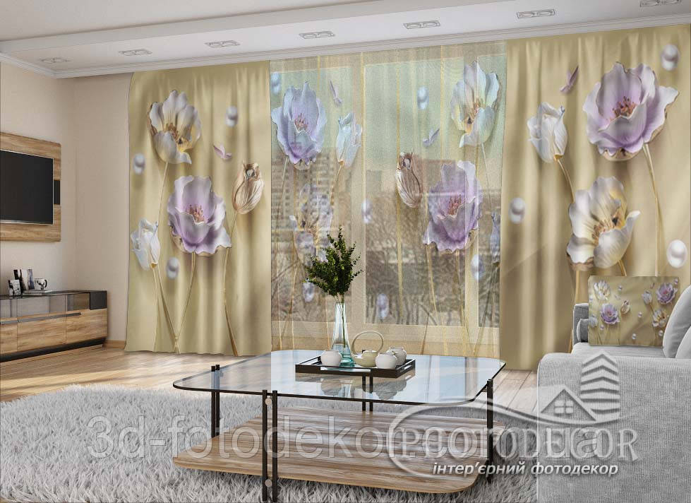 3D - Фото Штори і тюль "Маки та перли 1" - будь-який розмір. Читаемо опис!