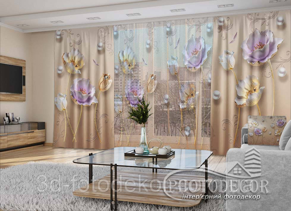 3D - Фото Штори і тюль "Маки та перли" - будь-який розмір. Читаемо опис!