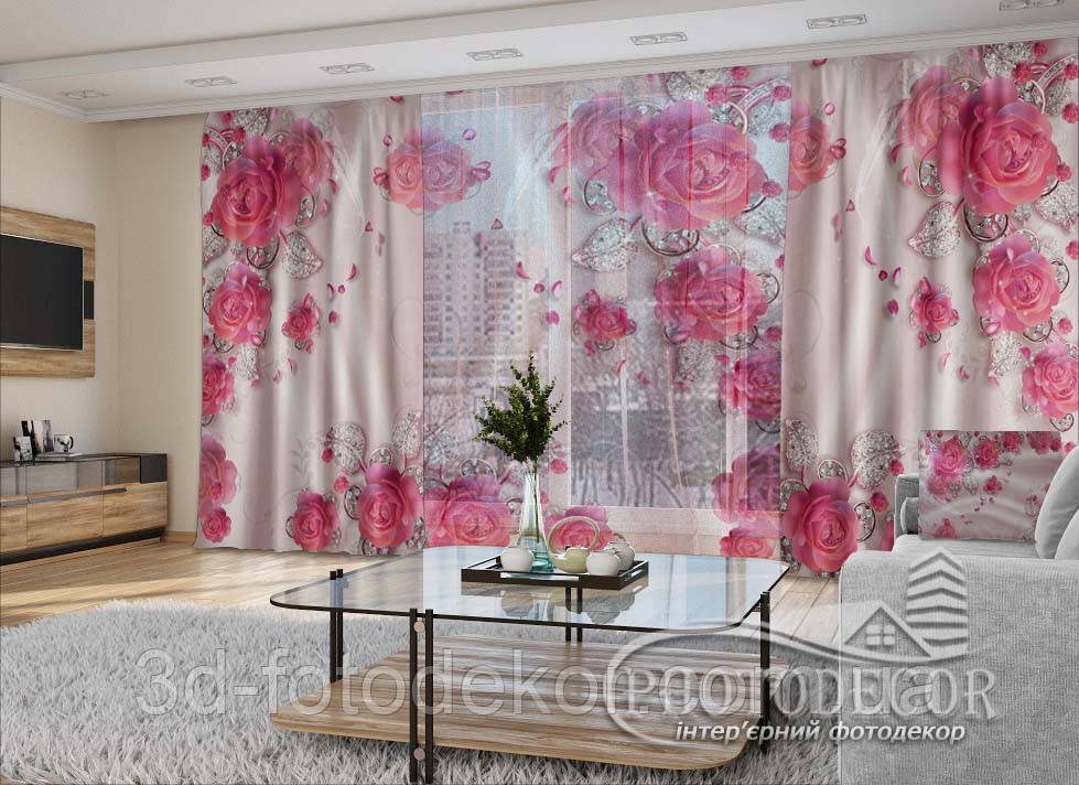 3D - Фото Штори і тюль "Рожеві троянди та стрази" - будь-який розмір. Читаемо опис!