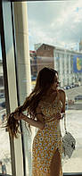 Женское лёгкое платье миди приталенное сверху на завязках с разрезом на ноге цвет чёрный желтый розовый 44/46, Желтый