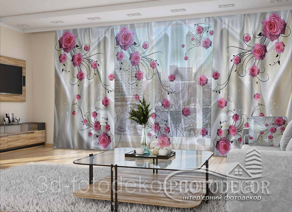 3D - Фото Штори і тюль "Троянди з метеликами" - будь-який розмір. Читаемо опис!