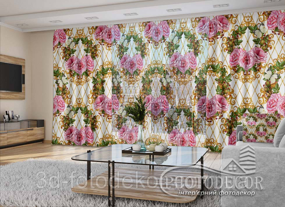 3D - Фото Штори і тюль "Троянди та золоті віньєтки" - будь-який розмір. Читаемо опис!