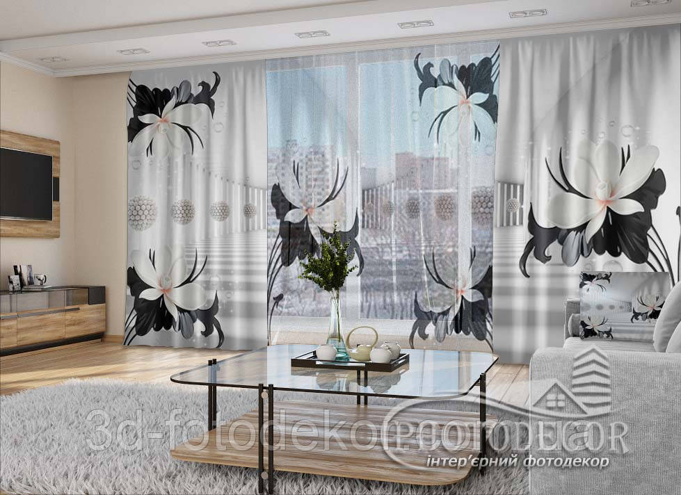 3D - Фото Штори і тюль "Тунель з чорно-білими квітами" - будь-який розмір. Читаемо опис!