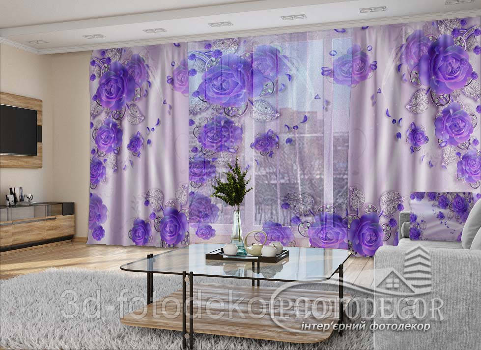 3D - Фото Штори і тюль "Фіолетові троянди та стрази" - будь-який розмір. Читаемо опис!