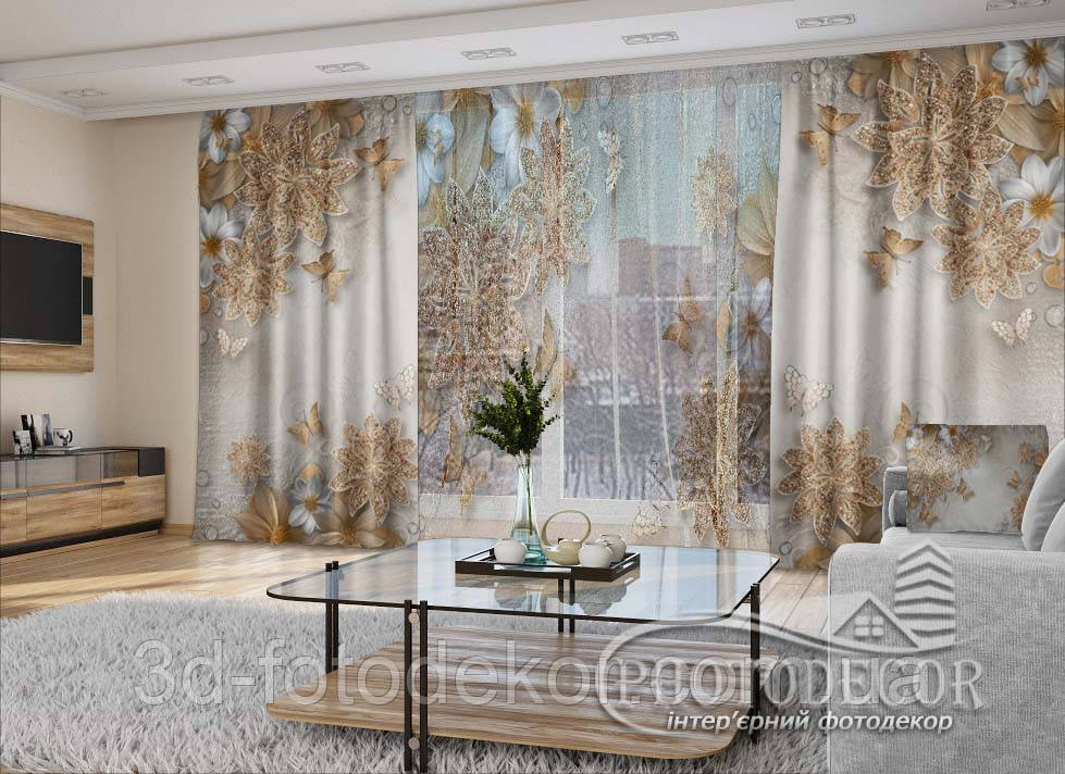 3D - Фото Штори і тюль "Квіти з ромашками" - будь-який розмір. Читаемо опис!