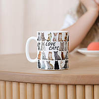 Чашка керамічна біла з прикольним принтом Love Cats 330 мл, кухоль для кави чаю напоїв подарункова
