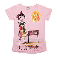Летняя детская футболка на девочку с коротким рукавом Nova примерно 5-6 лет 116 рост розовая с девочкой