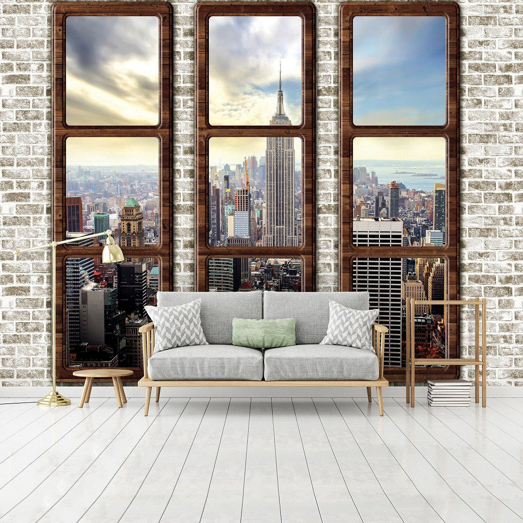 Фото шпалери 3д в передпокій під цеглу місто 368х254 см Хмарочоси Нью-Йорка за трьома великими вікнами (2832P8)+клей