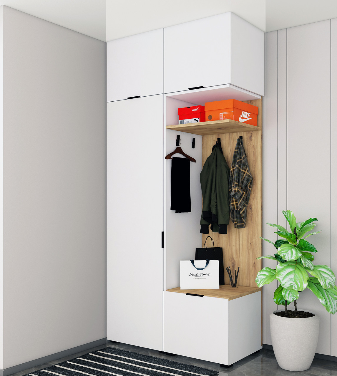 Сучасна стильна метрова маленька біла прихожа 100 см з антресоллю під стелю з шафою і вішалкою Сан Маріно