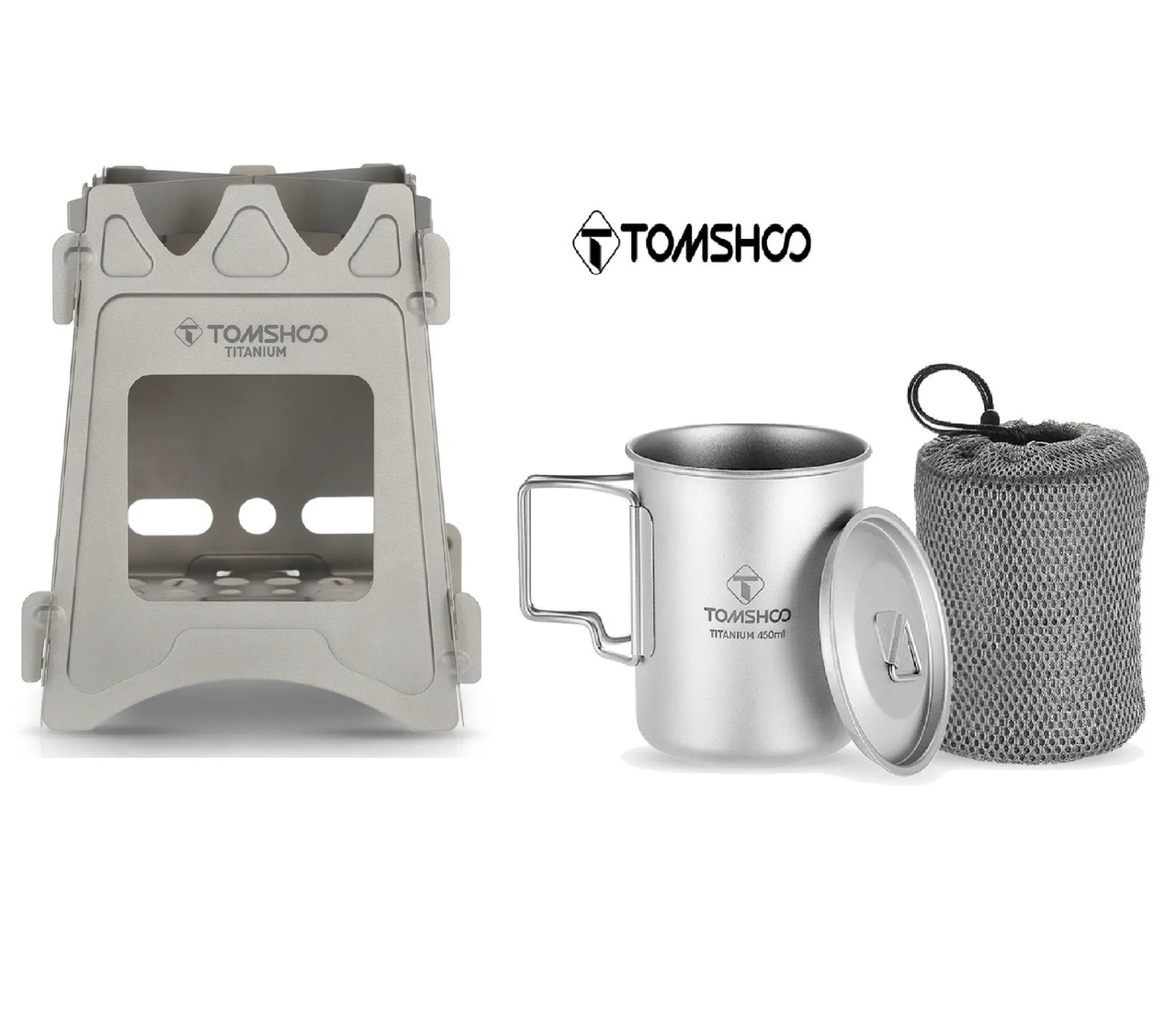 Титанова кружка з кришкою Tomshoo 450 мл та Титанова піч щепочниця розбірна Tomshoo titanium набір 2 в 1