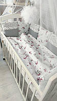 Комплект детского постельного белья с бортиками, одеялом, подушкой, балдахином, Кружево серый